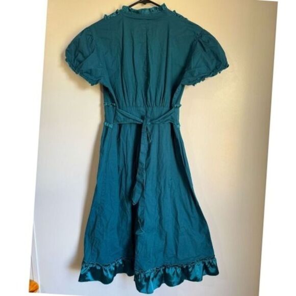 VTG Divine Modes Womens Blue Satin Ruffle Cotton Puffy Fit Flare Midi Dress sz L - Picture 3 of 7